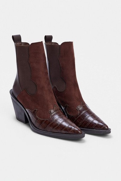 TRENDYOL SHOES Dark Brown Croco Toe Detailed 7 cm Women's Block Heeled Wester...
