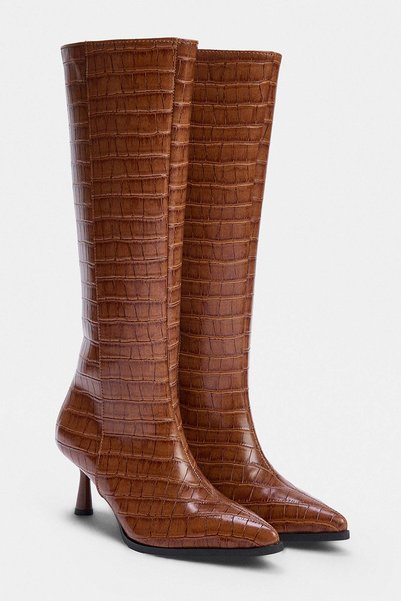 TRENDYOL SHOES Tan Crocodile Pointed Toe Women's 6.5 cm Thin Heeled Boots Tak...