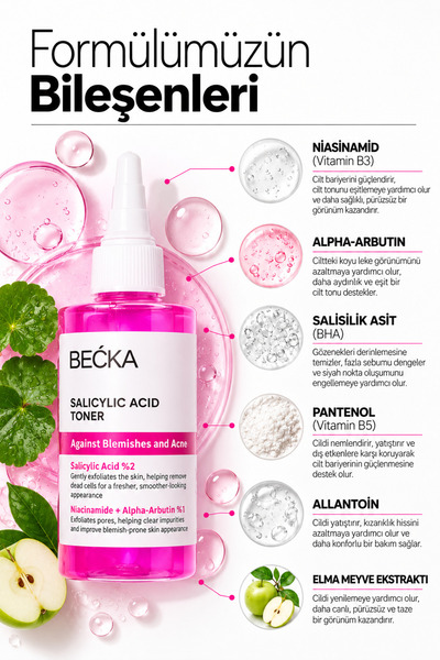 BECKA Salisilik Asit Tonik - Akne ve Siyah Nokta Karşıtı AHA-BHA Yağlı ve Karma Ciltler İçin 200 ml