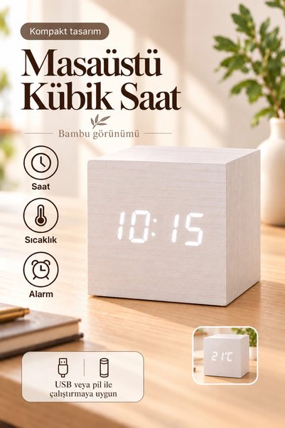 edewatt Ahşap Dijital Kübik Masa Saati Termometre ve Alarm