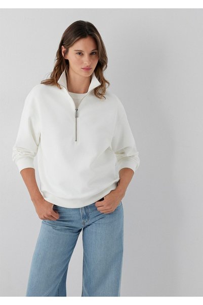 Mavi Yarı Fermuarlı Beyaz İnterlok Sweatshirt 1S10572-83043