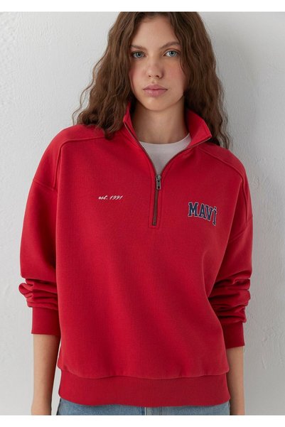 Mavi Logo Yarı Fermuarlı Kırmızı Sweatshirt 1S10373-88631