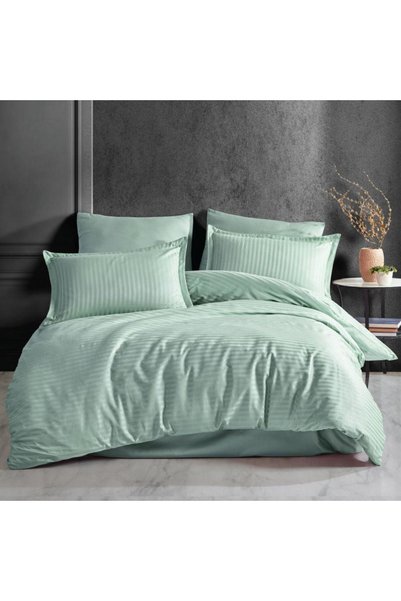 HomePuls Lenjerie pat Damasc linear Bumbac 100% tip Hotel cu dungă 1 cm, 3 pi...