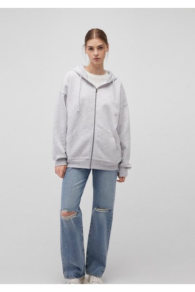 Mavi Kapüşonlu Fermuarlı Gri Sweatshirt 1610221-80196