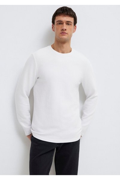 Mavi Uzun Kollu Dokulu Beyaz Tişört Slim Fit / Dar Kesim 064622-20454