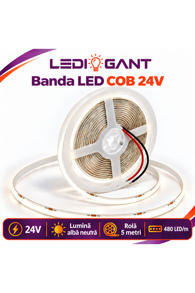 LEDIGANT Bandă LED COB 24V, 480 LED/m, Lumină Albă Neutră, Interior IP20, 8 m...