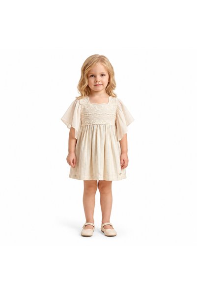 Top Kids فستان أطفال بناتي أوف وايت بأكمام واسعة وتطريز دانتيل على الصدر - قط...