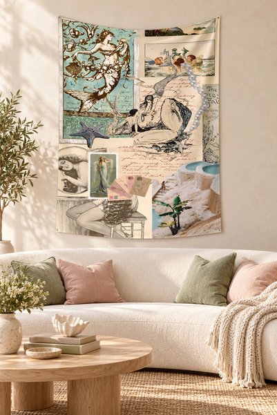 on the clouds Mermaid Pearl Print Vintage Tapestry - Non-Stick Fabric, Wall C...
