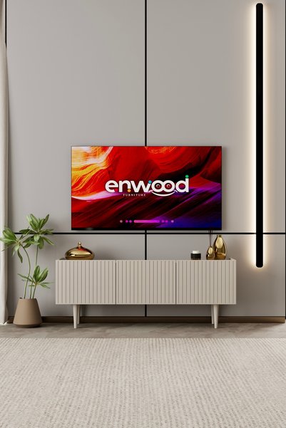 enwood Capella Tv Ünitesi kumtaşı MDF 120 cm ayaklı kapaklı raflı
