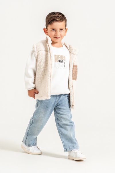 Jikko Baby Boy's Pocket Detailed Plush Vest, Printed Sweatshirt and Jeans 3-P...