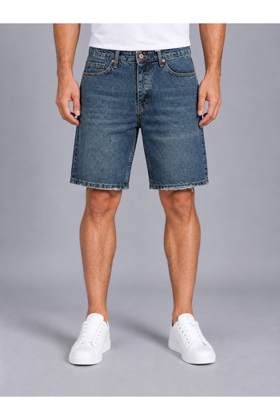 LudoWear شورت جينز من قماش الدنيم بدون ليكرا بتفاصيل ممزقة بالليزر باللون الأزرق