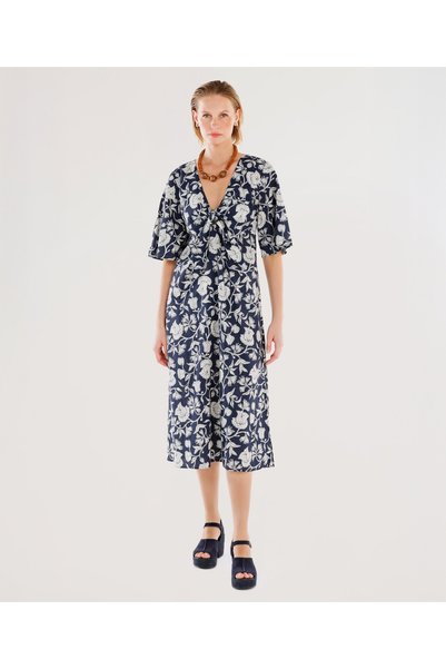 Yargıcı Short Sleeve Midi Dress with Tie Front Detail