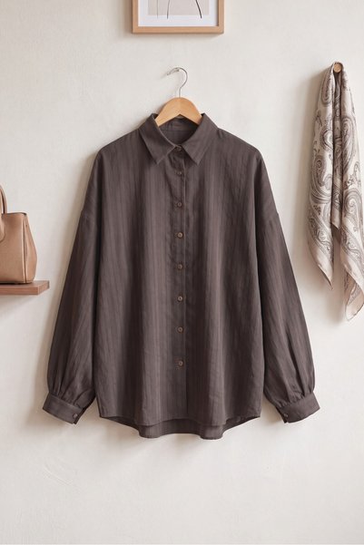 HİJABAYA Off-Shoulder Balloon Sleeve Cuffed Self-Striped Flowy Hijab Shirt - ...