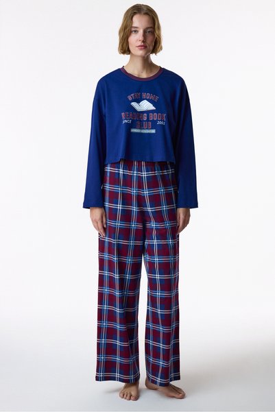 Penti Lacivert Reading Time Ekoseli Pamuklu Pantolon Uzun Kollu Pijama Takımı