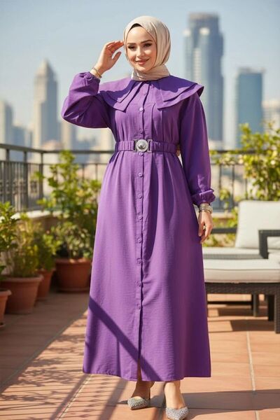 Neva Style Gemici Collar Purple Hijab Dress 20229Mor