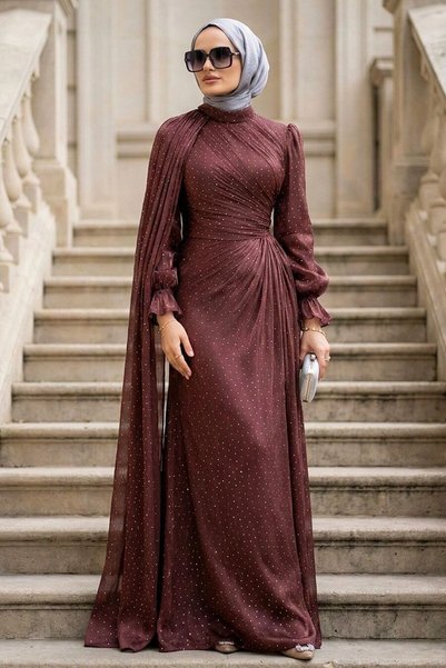 N.S NEVA STYLE Rochie de seară cu detaliu pelerină, maro închis, stil hijab 4...