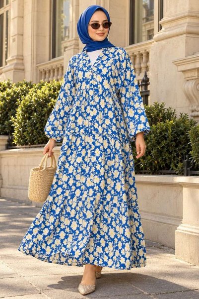 Neva Style Patterned Indigo Blue Hijab Dress 23586Im
