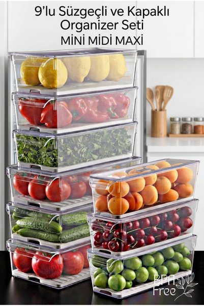 GİNZAMAİSON 9'lu Set Süzgeçli ve Kapaklı Organizer Seti - Mini/Midi/Maxi - Buzdolabı Düzenleyici