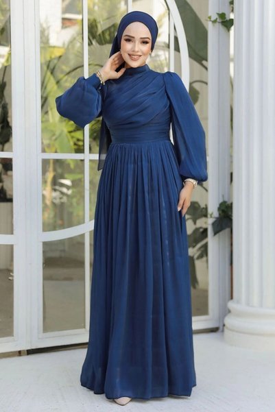 Neva Style Drape Detailed Navy Blue Hijab Evening Dress 44081L
