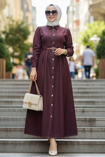N.S NEVA STYLE فستان جينز بورجوندي مزين بأزرار 19172BR