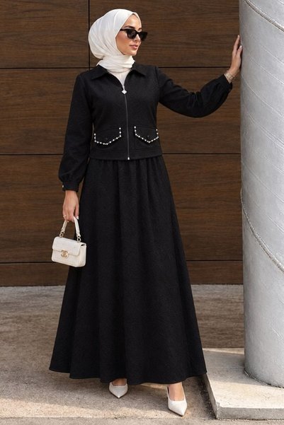 N.S NEVA STYLE Double Set with Zippered Black Hijab Skirt 44751S