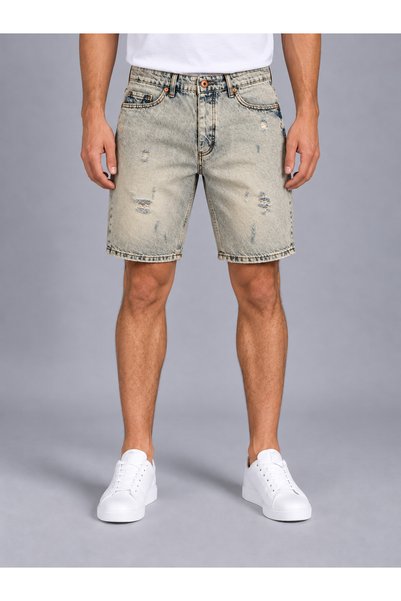 LudoWear Light Blue Fit Lycra-Free Jean Denim Shorts with Acid Washed Laser Cut