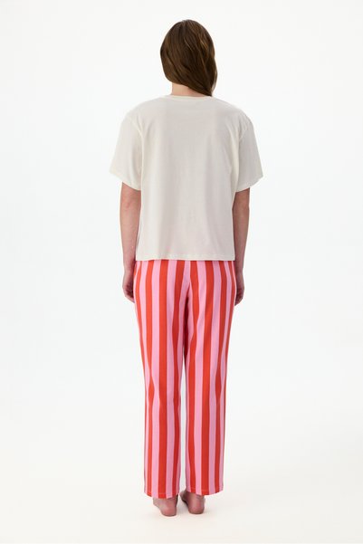 Penti Mercan Rengi Lazy Pamuklu Çizgili Kısa Kollu Pantolon Pijama Takımı