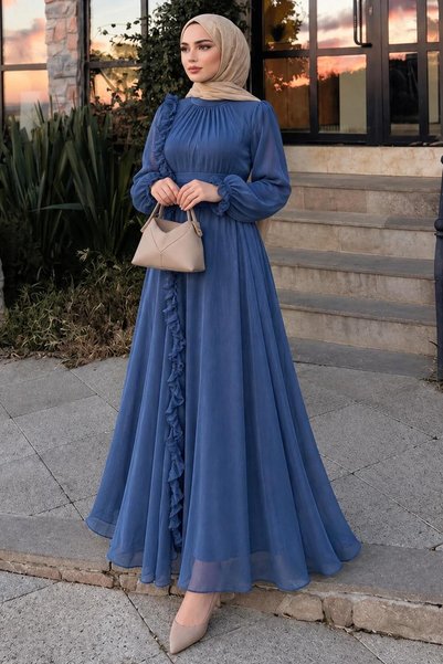 N.S NEVA STYLE Ruffle Detail Navy Blue Hijab Evening Dress 45881L