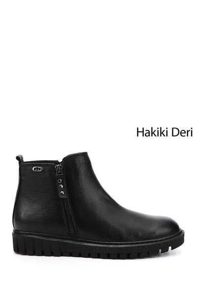 GÖNDERİ(R) Kadın Siyah Floter Çift Fermuarlı Termo Taban Hakiki Deri Bot