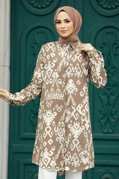 Neva Style Patterned Mink Hijab Viscose Tunic 11627V