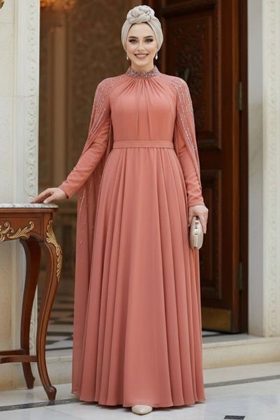 Neva Style Dark Salmon Hijab Evening Dress with Cape Detail 47381Ksmn