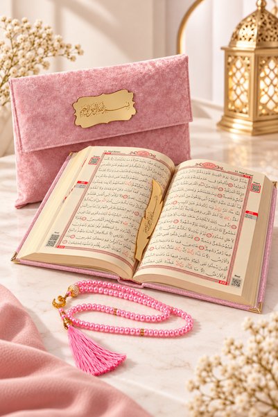 ihvan online İsme Özel Pleksi Desenli Kadife Kaplı Keseli Tesbihli Hediyelik Orta Arapça Kuranı Kerim Pembe