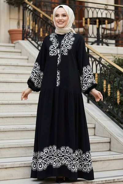 Neva Style Patterned Black Hijab Dress 18237S