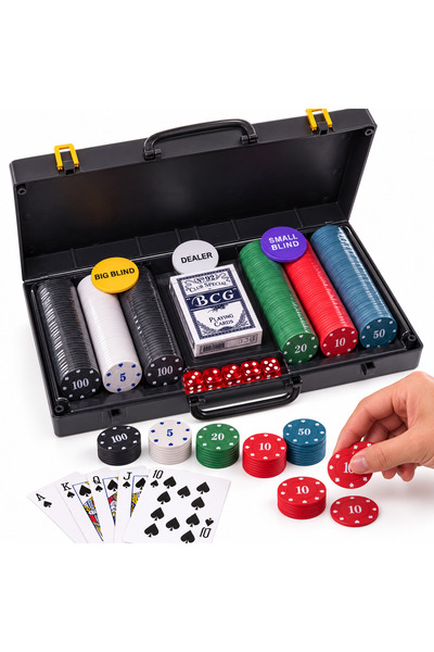 ANGMAD Set Poker 300 Jetoane Plastic 2 Pachete Carti Zaruri Geanta Transport