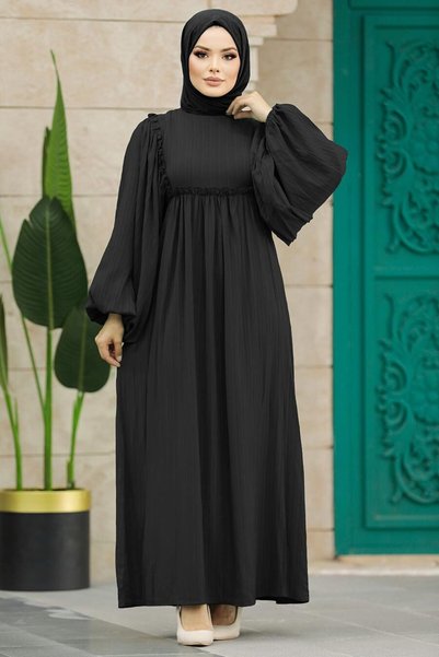 Neva Style Balloon Sleeve Black Hijab Dress 70301S