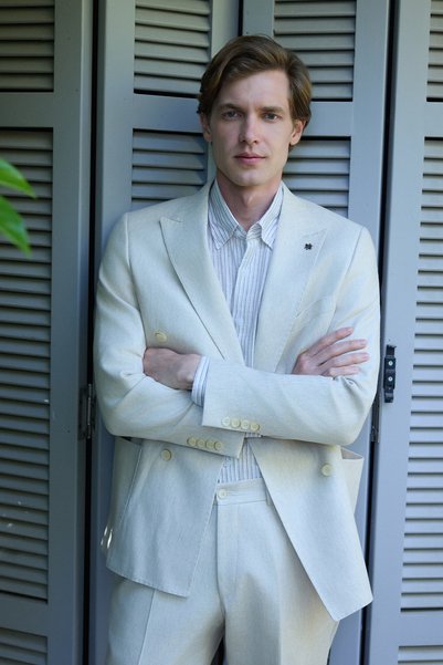 Morven Men's Beige Linen Trendy Patterned Slim Fit Pointed Collar Suit
