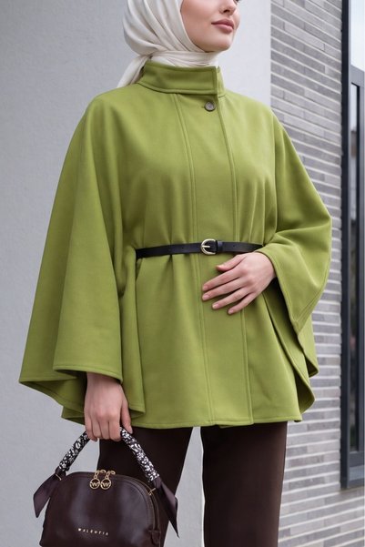 HİJABAYA Single Button High Collar Long Sleeve Hijab Belted Poncho -Olive Green