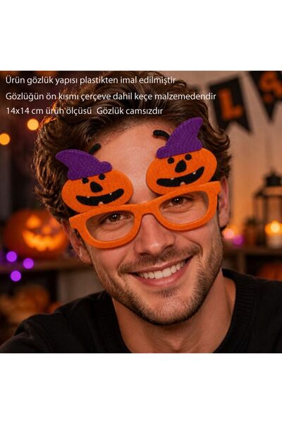 partidolu Halloween Şapkalı Balkabağı Keçe Parti Gözlüğü Turuncu Mor Renk 1 Adet
