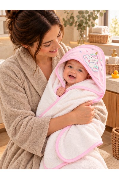 Tomuycuk %100 Pamuklu Başlıklı Kız Bebek Banyo Havlusu & Unicorn Nakışlı - Yu...