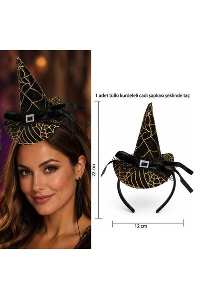 partidolu Halloween Altın Renk Ağ Desenli Tüllü Kurdeleli Cadı Şapkası Şeklin...