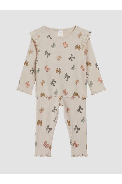LC Waikiki Lcw Baby Beige Bow Patterned Baby Girl Knitwear Set