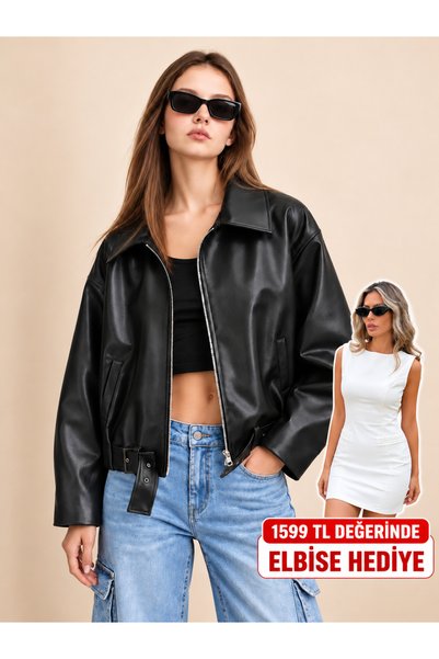 NAVO STUDIO Kadın Siyah Suni Deri Oversize Bomber Ceket Fermuarlı Dik Yaka Ce...