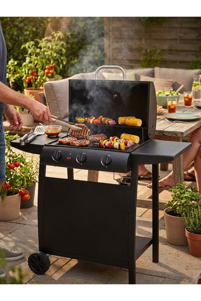 Padilon 3 Brülörlü Gazlı Mangal Barbekü Termometreli Kapaklı Yan Raflı Tekerl...