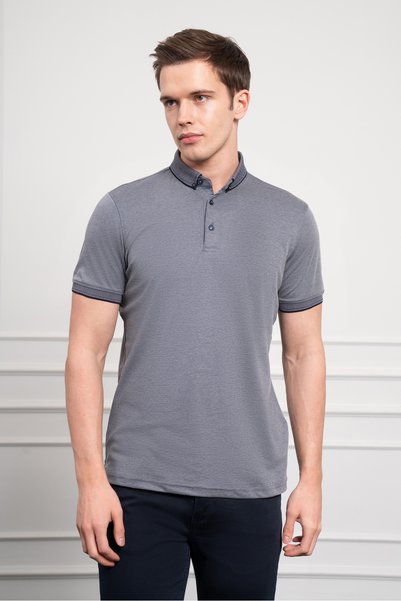 Morven Men's Navy Blue Trend Mercerized Plain Button Collar Dynamic Fit T-Shirt