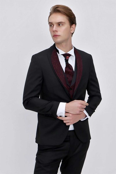 Morven Erkek Siyah Santos Çıkma Yaka Slim Fit Damatlık