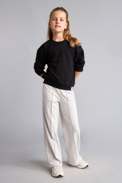 DeFacto Pantaloni din bumbac cu picior larg, gri deschis, melange, pentru fet...
