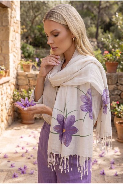 Dosimira Saffron Flower Needle Embroidered Cotton Scarf