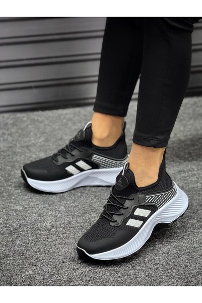 homiro Unisex Children's Lace-Up Poly Sole Knitwear Sports Shoes-Black-White