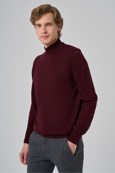 Morven Erkek Koyu Bordo Basic Yarım Balıkçı Yaka Dynamic Fit Rahat Kesim Triko