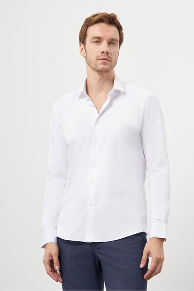 Morven Men's White Basic Plain Pattern Italian Collar Slim Fit Shirt